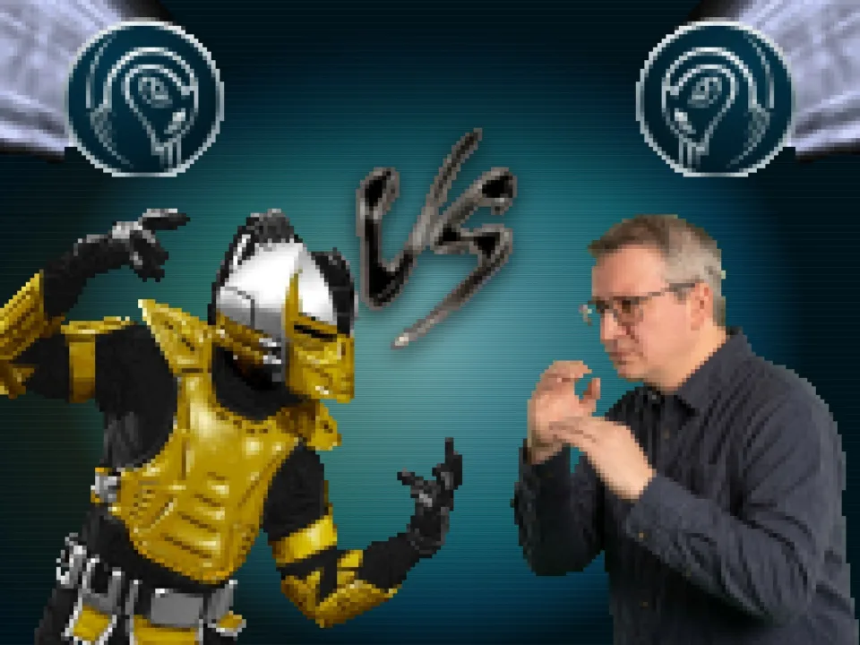 Écran de combat façon arcade en pixels : un cyborg jaune face à Richard Trudel