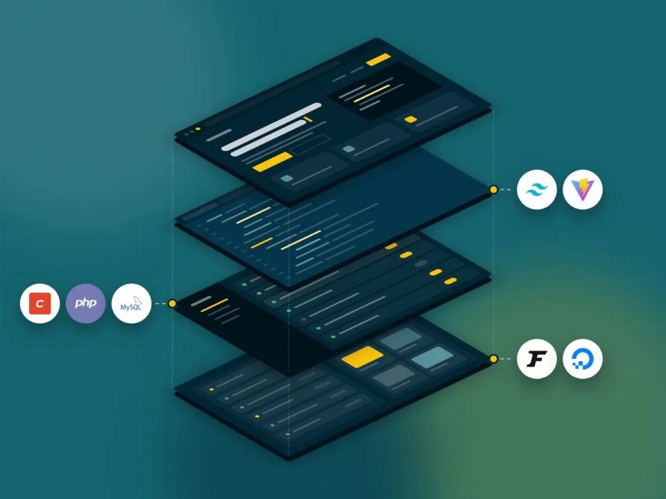 Vue éclatée du site en quatre couches : navigateur, code, administration Craft et hébergement, avec leurs logos