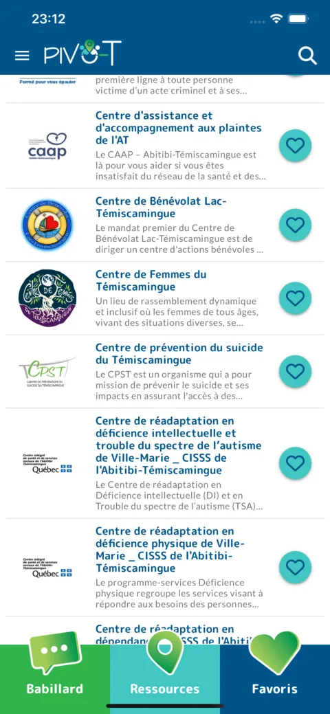 Pivo-T : liste des organismes